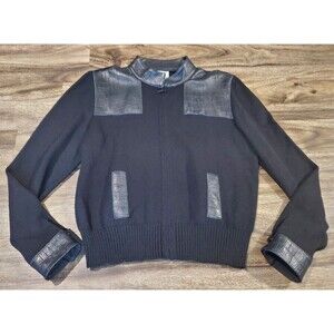 Toula Women's Size 6 Black Sweater Jacket Full Zip Knit Faux Leather Wool Blend